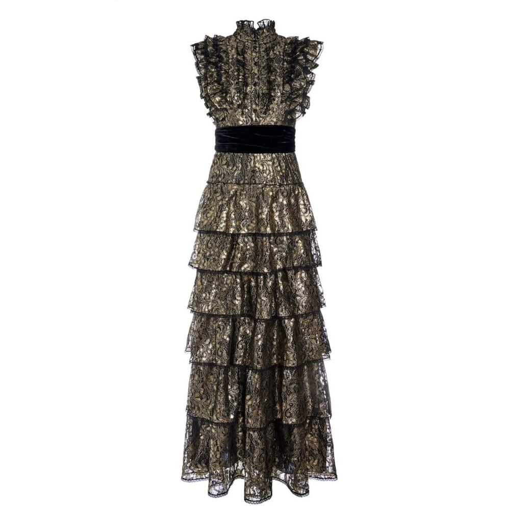 $1300 Alice + Olivia Tahara Gold Metallic Ruffle Sleeve Tiered Maxi Dress Gown S - Picture 6 of 13
